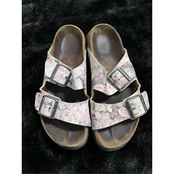 Papillio Birkenstock Sandals Brown Floral Pattern Unisex L7 M5 - Picture 2 of 6